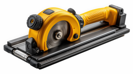 Yellow compact circular saw with guide rail isolated