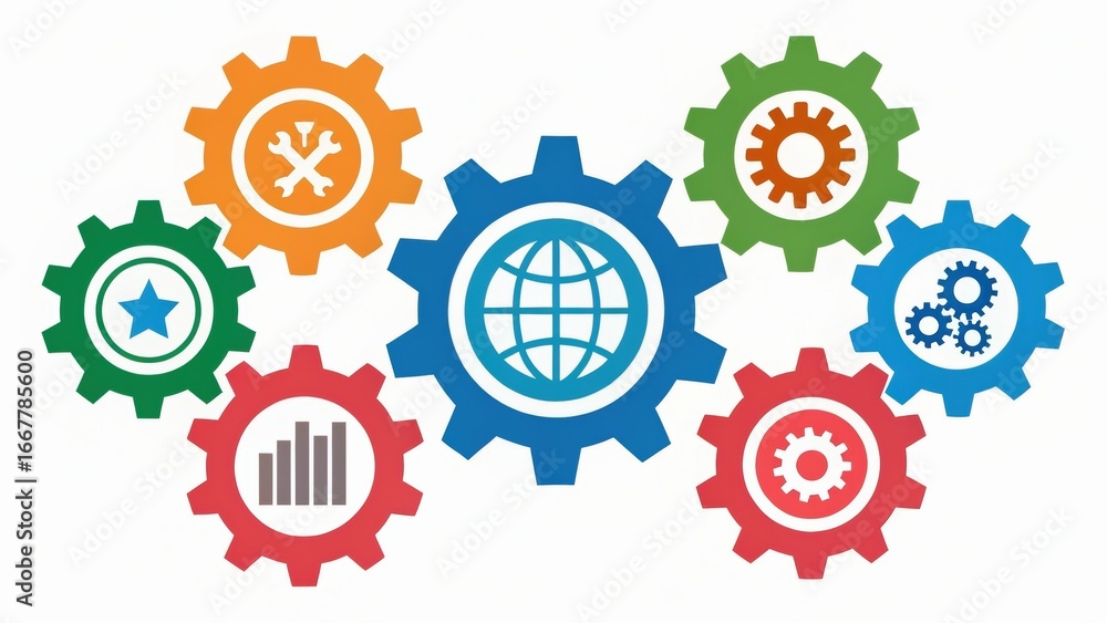 Poster colorful gears with various symbols represent collaboration and technology in a dynamic layout.