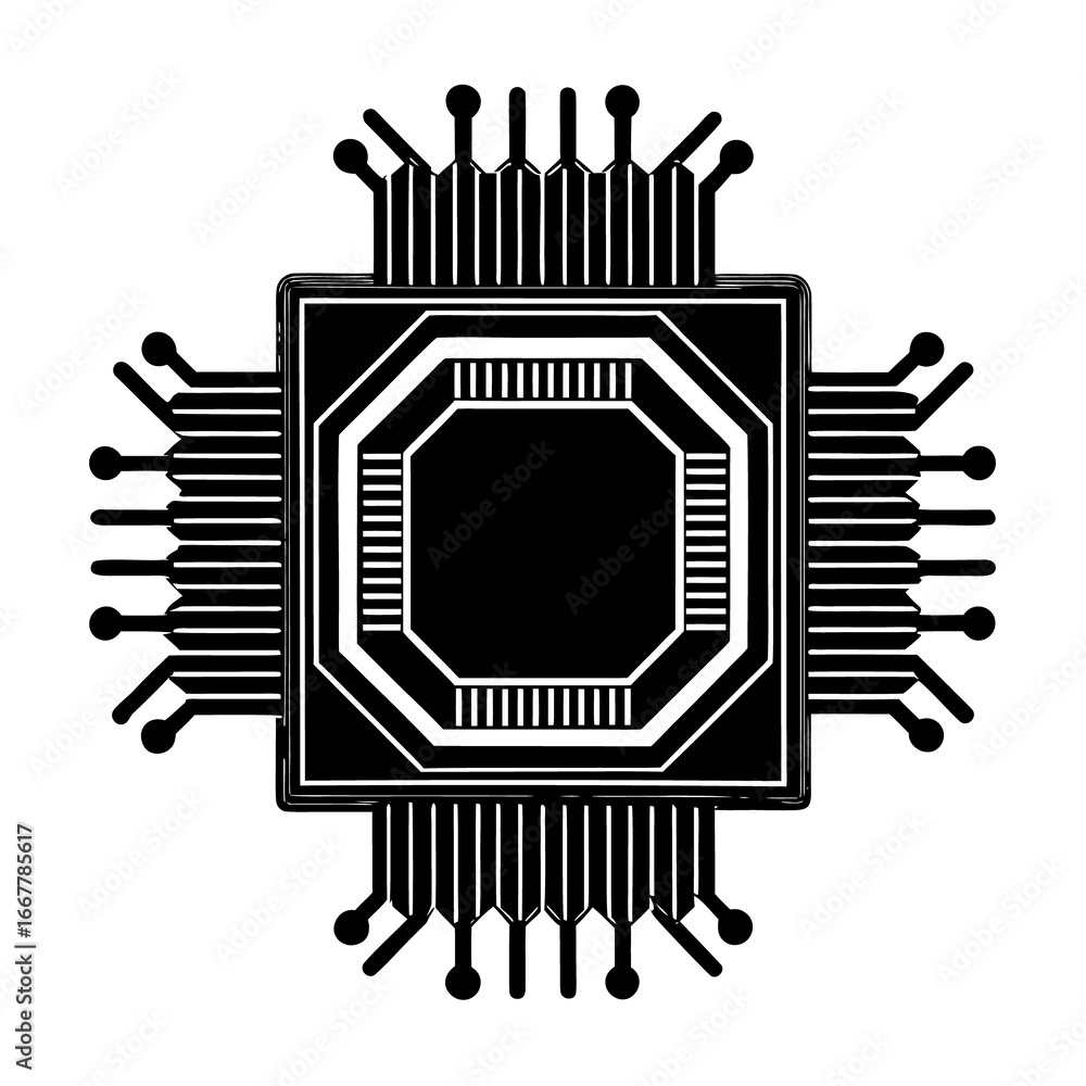 Poster vector illustration of a circuit board with a chip and pixel cursor icon, a symbol of computer techn