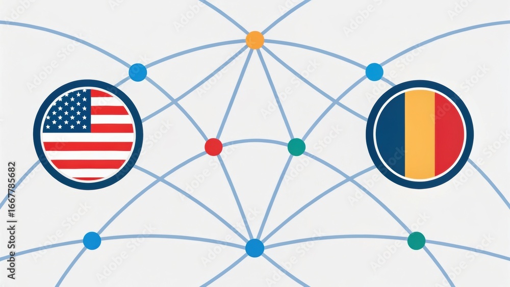 Poster visual representation of connections between the usa and romania with their respective flags and net