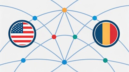 Visual representation of connections between the USA and Romania with their respective flags and network lines.