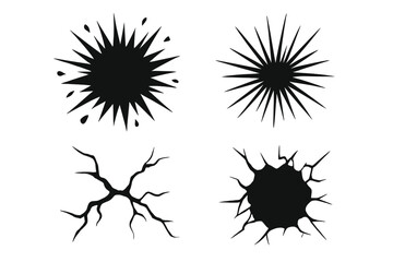Set of black graphic explosion and crack effects. Vector illustration of burst, shatter, and hole damage. Abstract cartoon shapes for creative design and comic book elements.