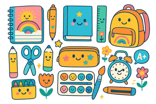 Kawaii school supplies characters set. Cute back to school cartoon doodle collection. Education stationery mascots like backpack, notebook, pencil, book for kids. Vector illustration.