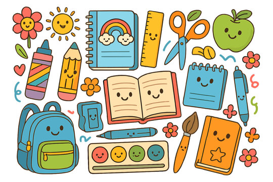 Cute back to school supplies set. Cheerful kawaii cartoon characters. Education concept with notebook, pencil, backpack, book, ruler, scissors, apple, paints. Vector doodle. - Powered by Adobe