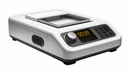 Digital scale with glass bowl platform and control dial at angle