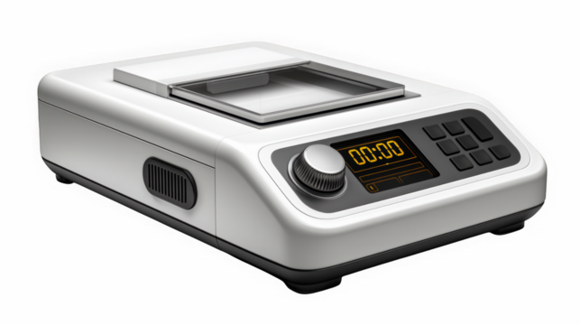 Digital scale with glass bowl platform and control dial at angle