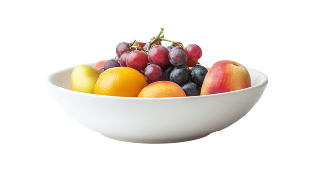 White ceramic bowl with fruit isolated on transparent background 