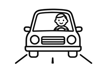 Simple outline icon of a happy person driving a car on the road. Vector cartoon illustration for transport, travel, or commute concepts. Line art of a man in a vehicle.