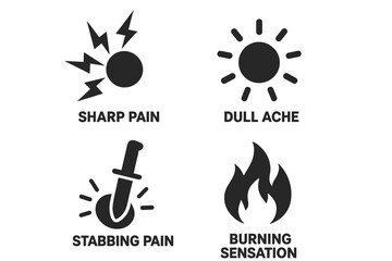 Pain types and intensity solid icons set. Metaphor for sharp, dull ache, stabbing, and burning sensations. Medical vector illustration for describing symptoms and disease.