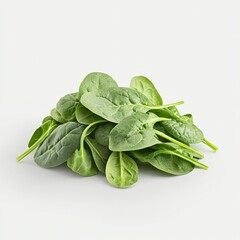 Fototapeta premium A bunch of fresh spinach leaves, arranged in a neat pile, isolated on white background color, photorealistic accuracy, good composition, high resolution