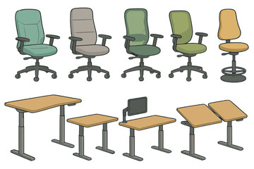 Ergonomic office furniture collection. Set of modern adjustable standing desks and swivel chairs. Workplace interior design elements. Vector cartoon illustration isolated.