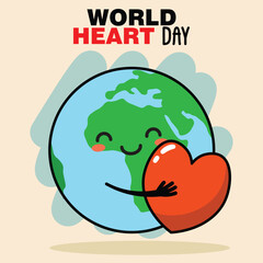 Cute cartoon illustration of earth and heart hugging in commemoration of World Heart Day
