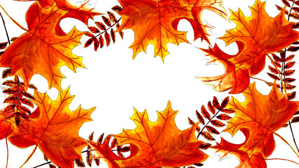 Watercolor illustration of a circular autumn frame made of vibrant orange and red maple and rowan leaves, with an empty gray background in the center.