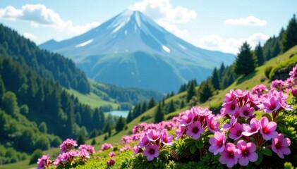 Delicate pink moss phlox blooms, majestic Fuji vista , floral scene, spring bloom