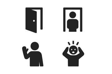 Solid filled icon set of unexpected encounters. Open door for a surprise visit. Waving figure for a greeting. Startled, shocked person pictogram. Welcome or unwelcome guest.