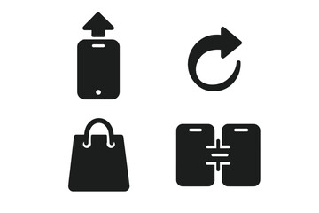 Upgrade icons solid glyph set. Vector symbols for mobile phone decisions like trade-in, new device purchase, shopping, and comparing smartphone specifications. Tech concept.