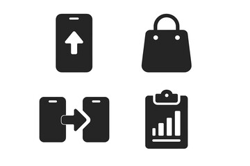 Smartphone upgrade vector icon set. Solid glyphs for phone trade-in, data transfer, new device purchase, and specs comparison. Mobile technology and consumer choice concepts.