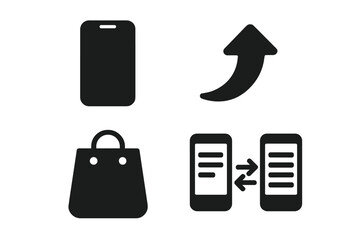 Phone upgrade icon set. Vector glyphs for mobile trade-in, data transfer, and new device purchase. Solid symbols for comparing specs, shopping, and updating electronics.