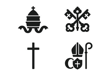 Papal symbols icon set. Vector collection of Catholic and Christian religious elements. Includes papal tiara, crossed keys of St. Peter, cross, mitre, and crosier staff.
