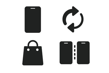 Smartphone upgrade vector icon set. Solid glyph icons for new phone purchase, trade-in, compare models, and technology decisions. Mobile app and web design elements.