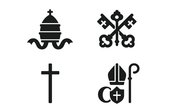 Papal symbols icon set. Vector collection of Catholic and Christian religious elements. Includes papal tiara, crossed keys of St. Peter, cross, mitre, and crosier staff.