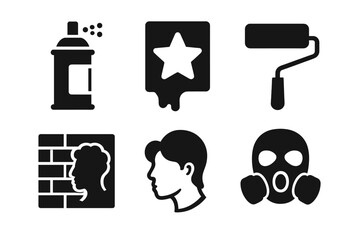 Urban art and graffiti glyph icon set. Street art symbols collection. Vector illustration of a spray can, stencil, paint roller, wall mural, artist silhouette, and gas mask.