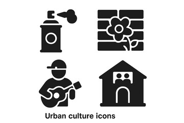 Urban culture glyph icons set. Street art, graffiti spray can, mural on brick wall, street musician with guitar, community center. City life and subculture vector symbols.