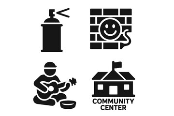 City life and urban culture glyph icon pack. Featuring street art, graffiti spray, mural on a brick wall, street musician with guitar, and a local community center building.
