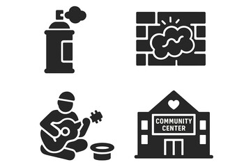 Urban culture glyph icon set. Street art and life symbols. Graffiti spray can, mural wall, street musician with guitar, community center. Solid black vector pictogram pack.