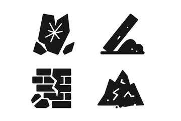Urban disaster solid glyph icons set. Debris, broken glass, fallen beam, collapsed wall, rubble pile. Earthquake aftermath, building destruction, damage concepts vector.