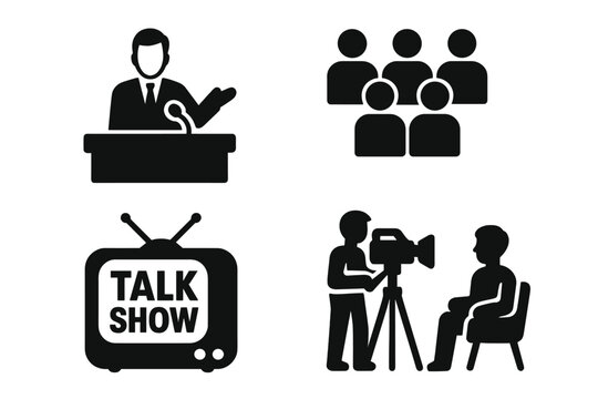 Talk show vector icon set with host, audience, TV logo, and camera crew. Solid glyphs for broadcasting, media, interviews, public speaking, and entertainment concepts.