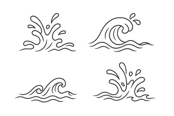 Water wave and splash line art icon set. Simple sea ocean surf symbol collection. Minimalist hand drawn doodle liquid flow vector illustration. Graphic design elements.