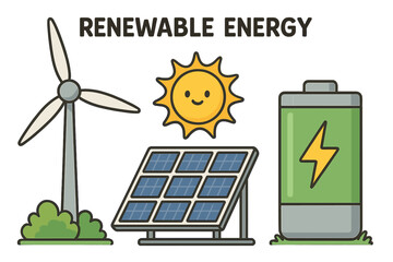 Renewable energy concept infographic with wind turbine, solar panel, and battery storage. Green power technology. Cartoon vector illustration for ecology and sustainability.