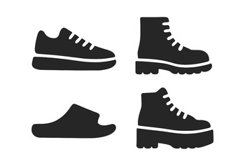 Urban footwear solid icon set. Glyph collection of modern casual shoes. Vector illustration of sneaker, platform boot, high-top & slide for fashion or web design concept.
