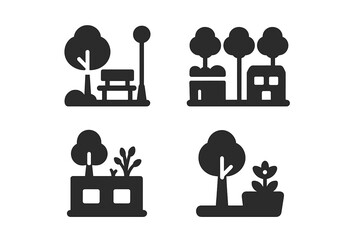 Urban forestry solid glyph icon set. City park with bench, tree-lined street, and sidewalk planters. Vector symbols for sustainable green city, environment, and public spaces.