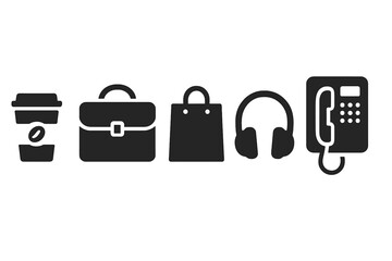 Urban lifestyle solid glyph icon set. Business and daily routine symbols. Coffee cup, briefcase, shopping bag, headphones, public phone. City life vector flat illustration.