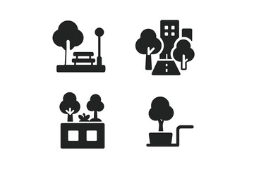 Urban forestry solid glyph icon set. City park, tree-lined street, rooftop garden, and sidewalk planter symbols. Green city, public space, and sustainable environment concept.