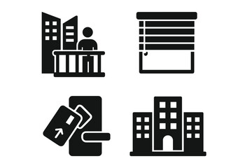 Urban living and city life glyph icon set. Apartment building, skyscraper balcony view, window blinds, and electronic keycard door access. Real estate vector symbols.