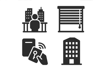 Urban living glyph icon set. City life solid pictograms collection. Includes person on balcony with skyscraper view, window blinds, keycard entry access, apartment building.