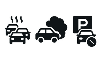 Urban mobility challenges icon set. Traffic jam, air pollution, and parking shortage symbols. Vector graphic of city transport problems, car congestion, and vehicle emissions.