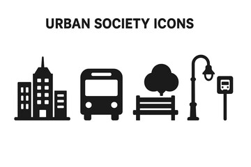 Urban society and city life icon set. Solid glyph symbols for cityscape, public transport, park, and street furniture. Includes skyline, bus, bench, lamp, and bus stop sign.