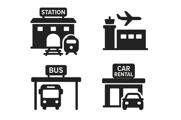 Urban mobility solid icon set. Public transport and travel hubs. Train station, airport terminal, bus stop, car rental agency. Vector glyph pictograms for web and mobile design.