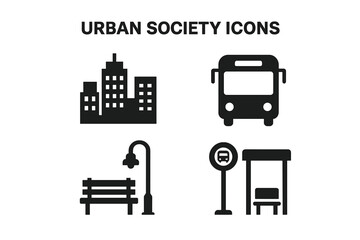 Urban society icon set. City life and public transportation concept. Vector glyph icons of city skyline, bus, park bench, street lamp, and bus stop for web and mobile design.
