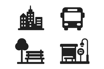 City life vector icon set. Urban society symbols. Public transport, bus, bus stop, skyline, buildings, park bench, street lamp. Solid filled glyph pictograms for design.