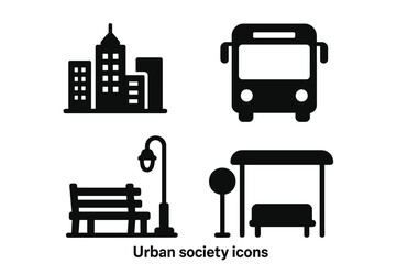 Urban society solid filled icon set. City skyline public transport and park scene icons. Bus stop, street lamp and bench pictogram collection. Vector glyph illustration.