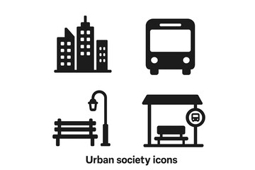 Urban society and city life icon set. Solid glyph icons of city skyline, public transport, park bench, street lamp, bus, and bus stop. Vector illustration for web and mobile.