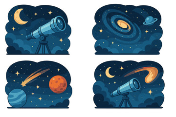Night sky exploration with telescopes, celestial bodies, planets, galaxies, comets, and cosmic phenomena in harmonious cartoon vector illustration