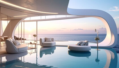 Fototapeta premium 水上に浮かぶ未来的フローティングインテリア