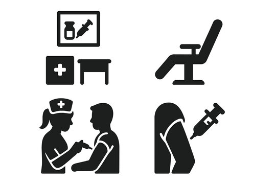 Vaccination solid glyph icon set. Medical and healthcare concept. Immunization, injection. Nurse vaccinates patient. Clinic room, chair, syringe, arm. Vector illustration.