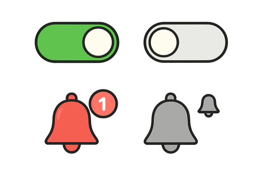 Toggle switch icons showing on and off states, and notification bell icons for active alerts, reminders, or silent mode. Vector UI kit for web and app interface design.
